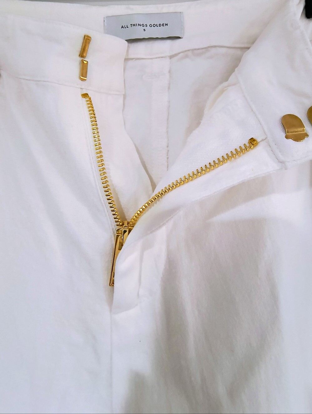 All Things Golden Women's Straight-Leg White 30%Linen Pants with Gold Zip Detail - Picture 6 of 6